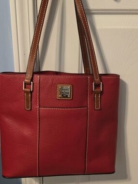 Dooney & Bourke Red Pebbled Leather Tote with Tan Straps